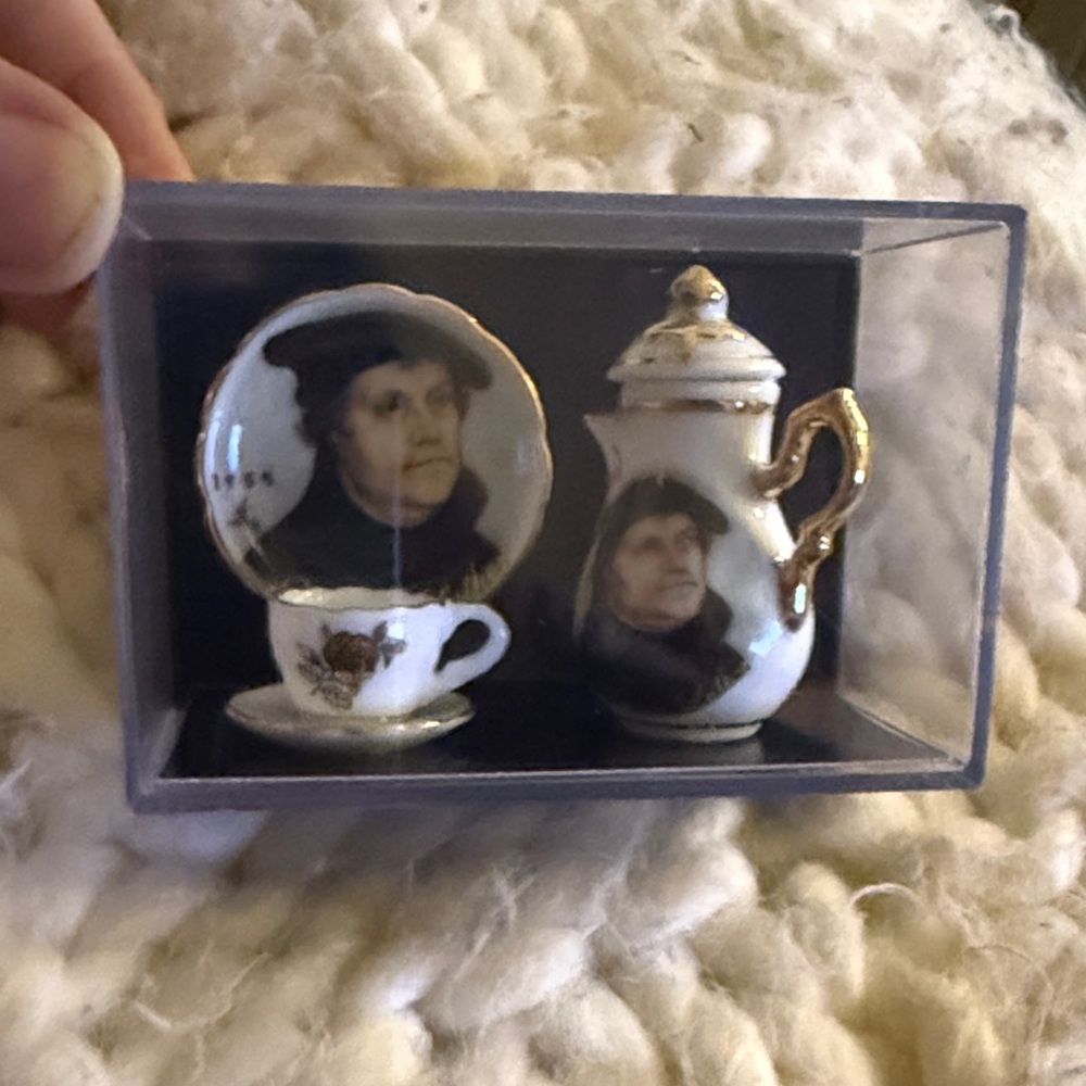 Reutter porcelain Miniature Tea Set with Martin Luther, Germany